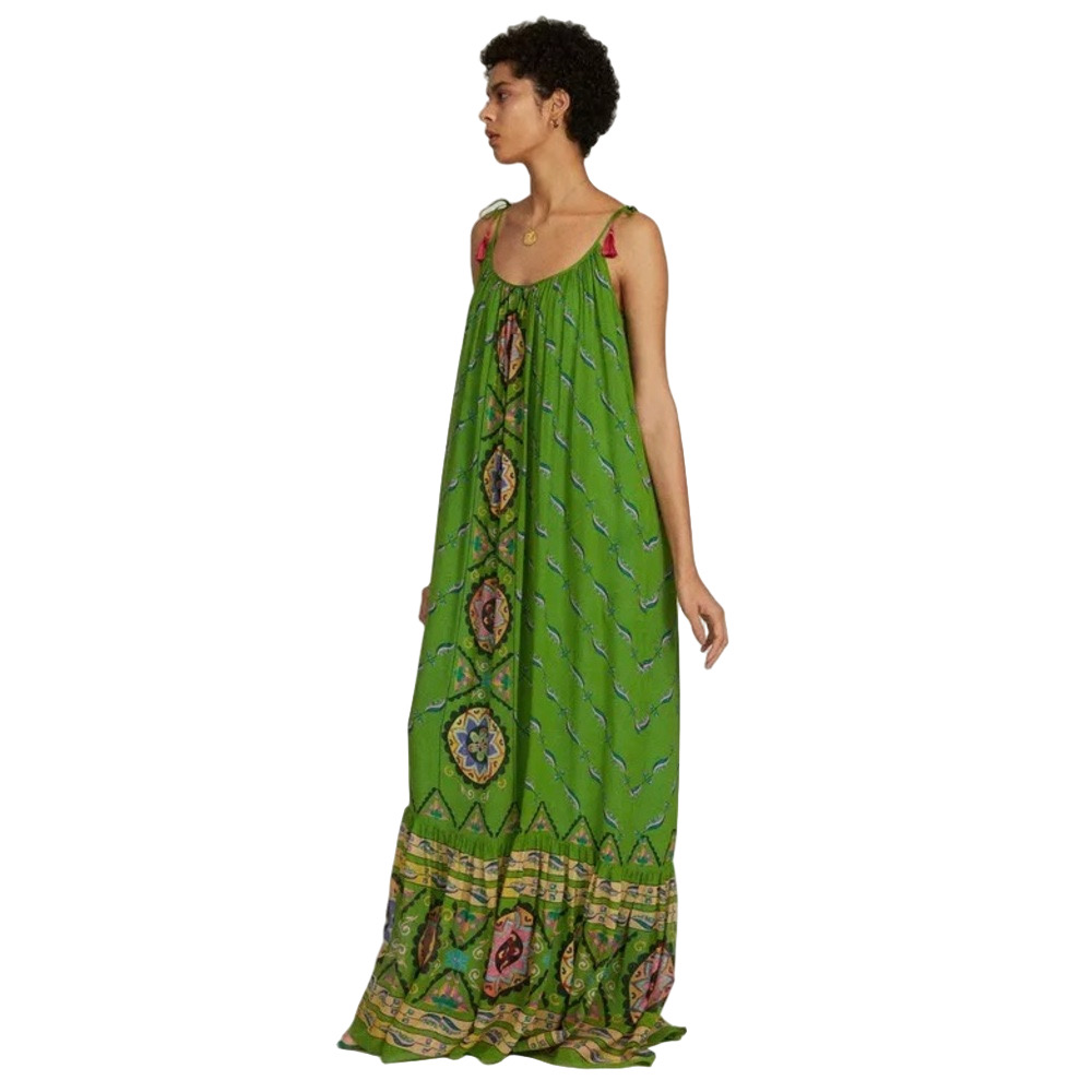 Saloni Edie Emerald Green Halo Print Tassel Tie Shoulder Silk Maxi Dress 0 NWT - Picture 1 of 13